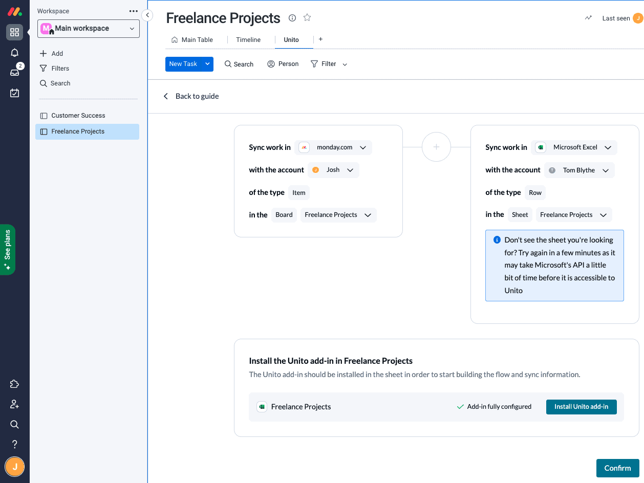 Screenshot of Unito's flow builder showing how to connect monday.com to Microsoft Excel and verify the Excel Add-In to sync data 2-ways. 