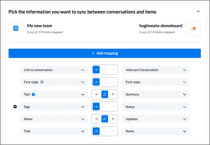 field mappings between monday.com and Intercom