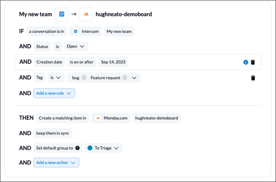 Rules in Unito to sync monday.com tasks and Intercom conversations