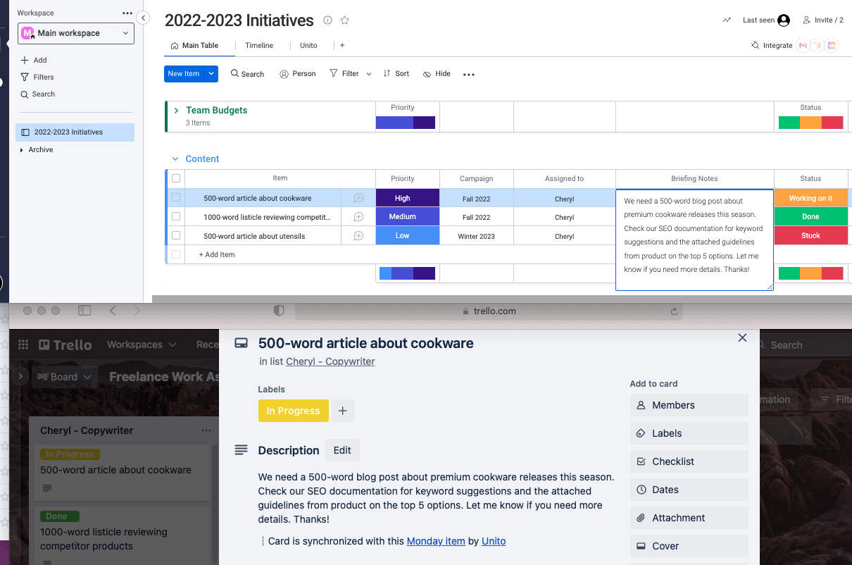 trello card synced to monday.com task with Unito two-way sync