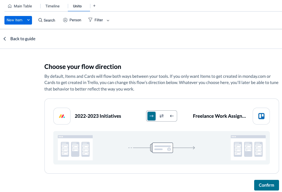 Pick a flow direction between Trello and monday.com