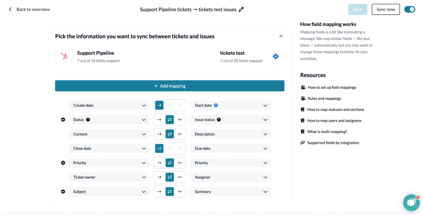 Select field mappings to keep in sync between Jira and HubSpot with Unito two-way sync