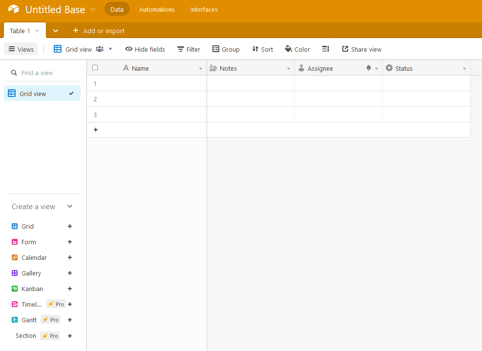 A screenshot of Airtable, a project management app.