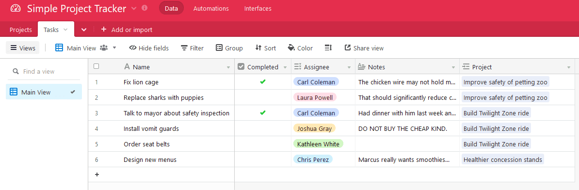 A screenshot of Airtable, a project management app.