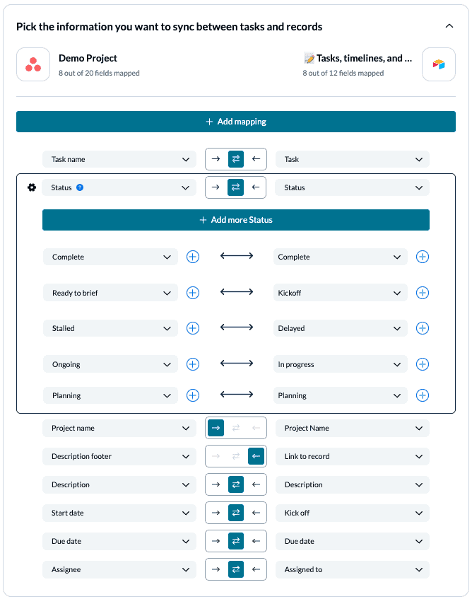 Set up field mappings between Airtable and Asana