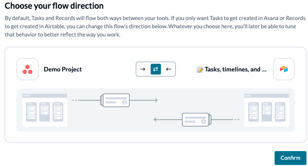 Airtable to Asana flow direction with Unito two-way sync