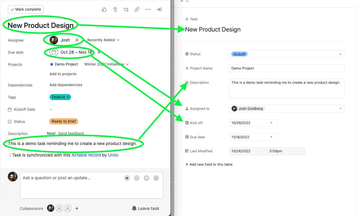 Airtable records synced to Asana tasks with Unito 2-way sync