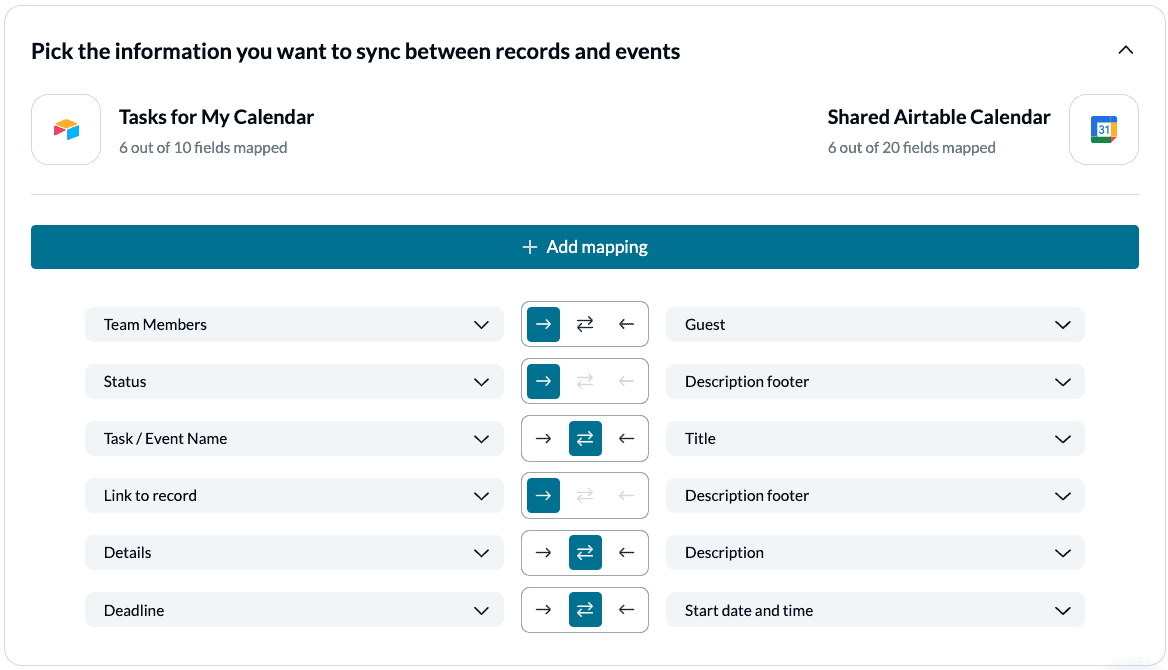 Google Calendar Airtable 2-way sync with Unito Field Mappings and custom fields