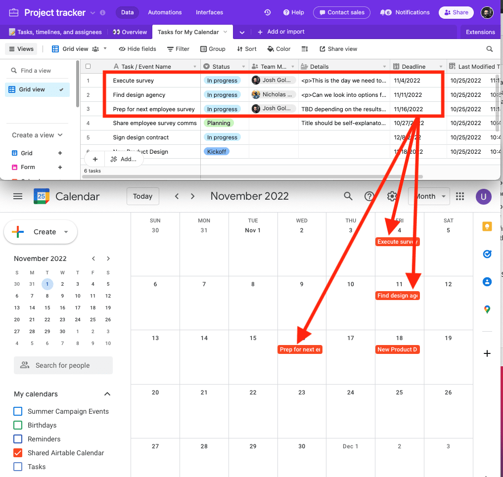 Google Calendar synced to Airtable base with Unito