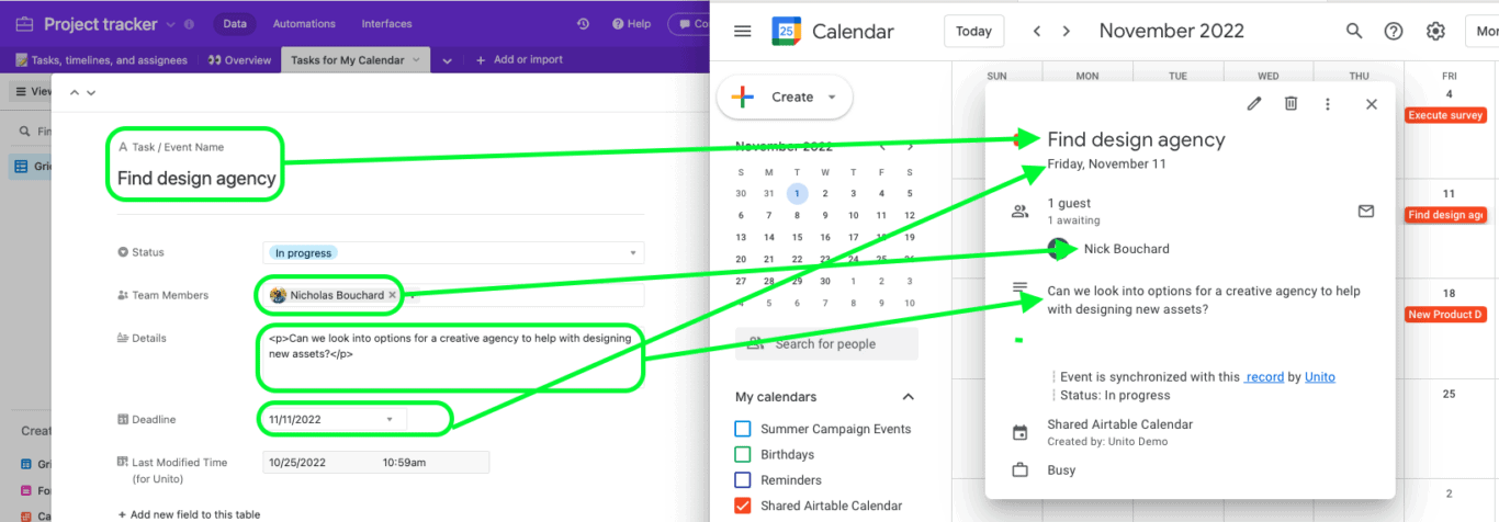 Airtable Record synced to Google Calendar Event with Unito