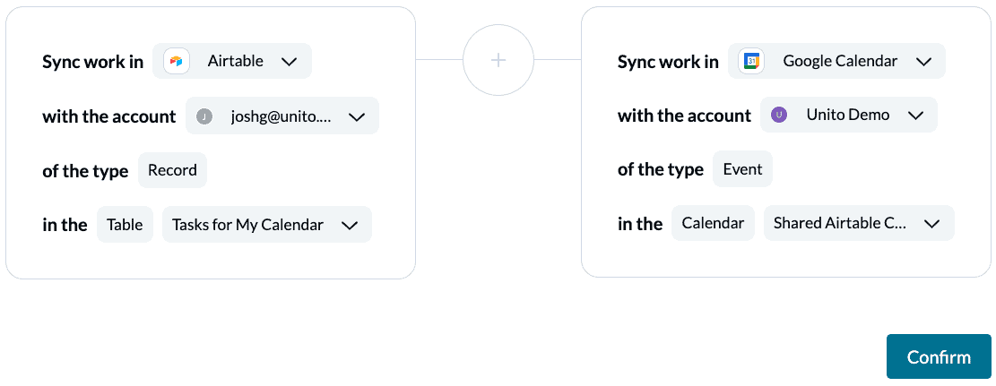 Selecting Tools to connect to Unito Airtable and Google Calendar