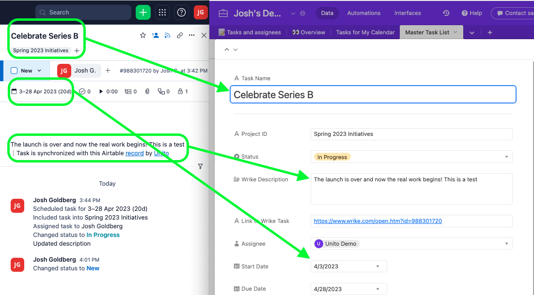 Airtable records synced to Wrike tasks with Unito 2-way sync