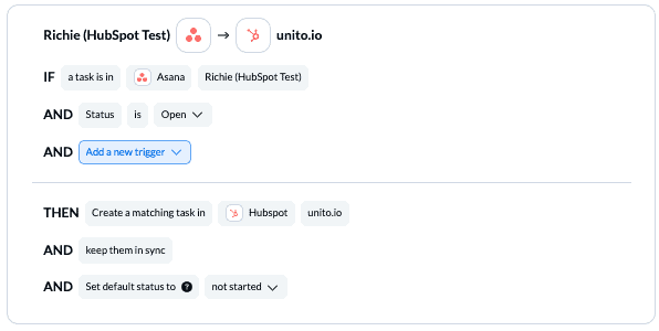 Set up rules between HubSpot and Asana Unito 2-way sync