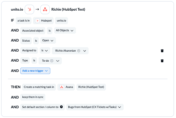 Set up rules between HubSpot and Asana Unito 2-way sync