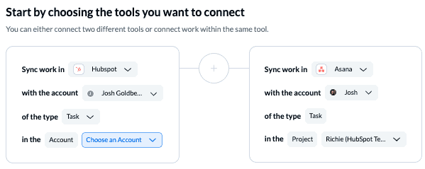 Connect HubSpot Asana with Unito 2-way sync tool selection