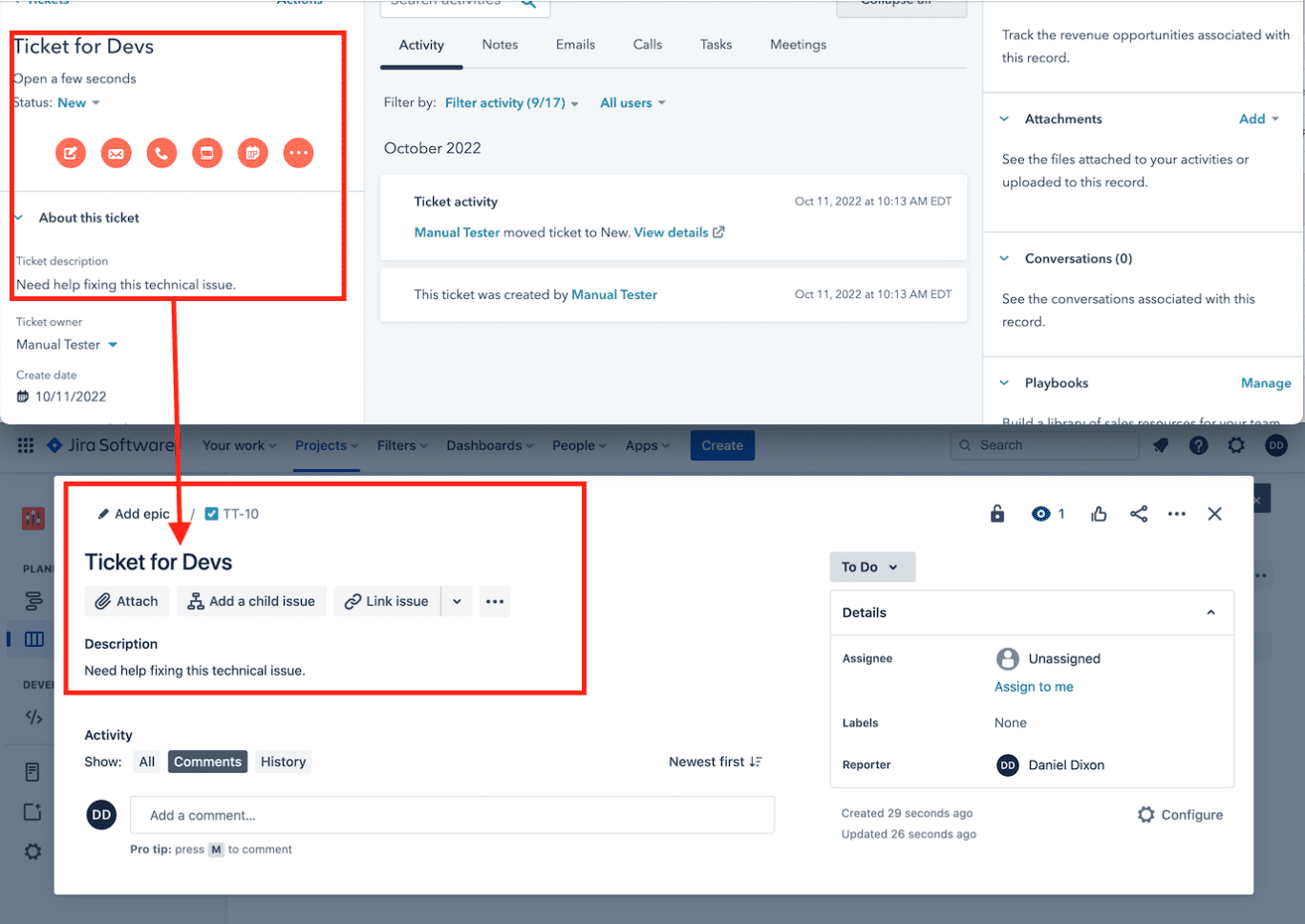 HubSpot Ticket Synced to Jira Epic with Unito