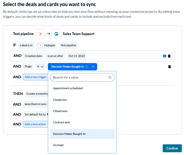 Set up rules between HubSpot and Trello Unito 2-way sync