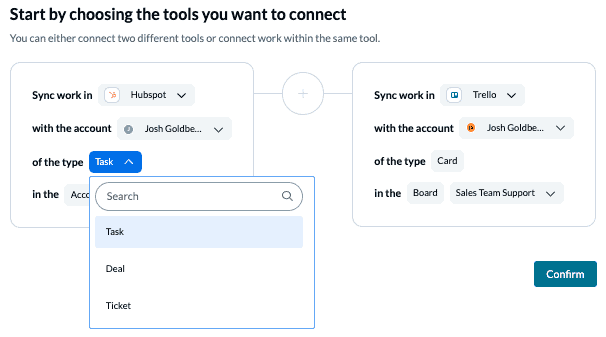 Connect HubSpot Trello with Unito 2-way sync tool selection