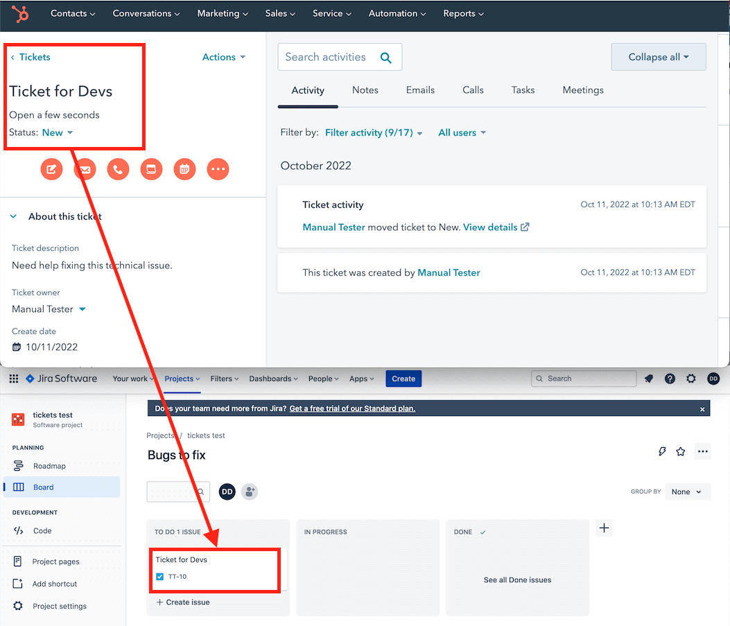 Jira + HubSpot Synced Open Tickets Unito two-way sync
