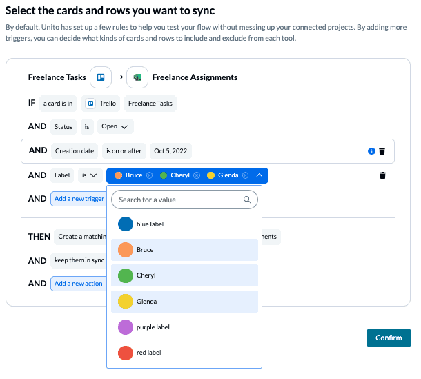 Set up rules to filter data between Trello and Excel