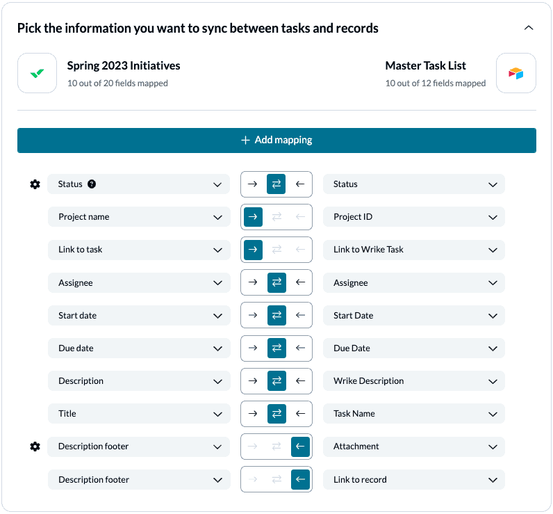 Set up field mappings between Airtable and Wrike