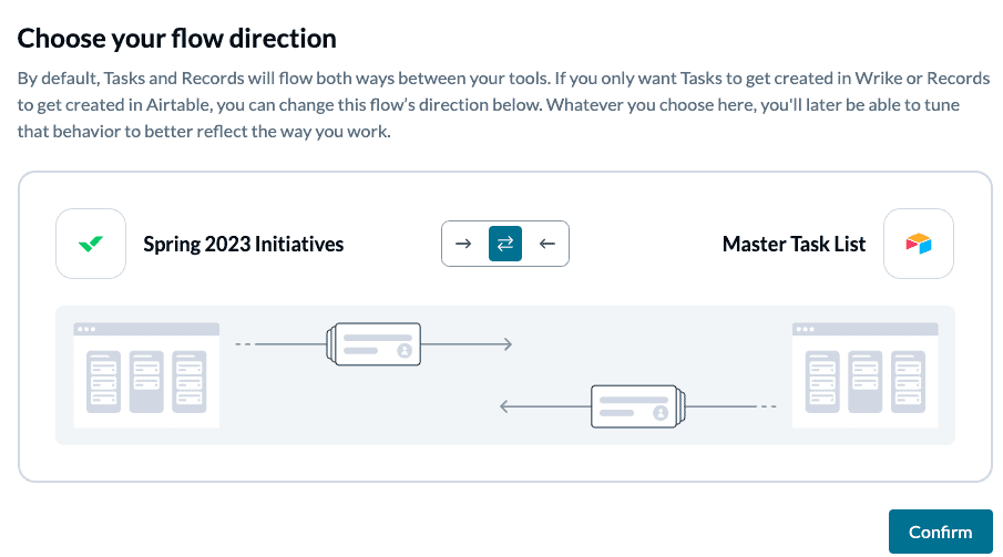Airtable to Wrike flow direction with Unito two-way sync