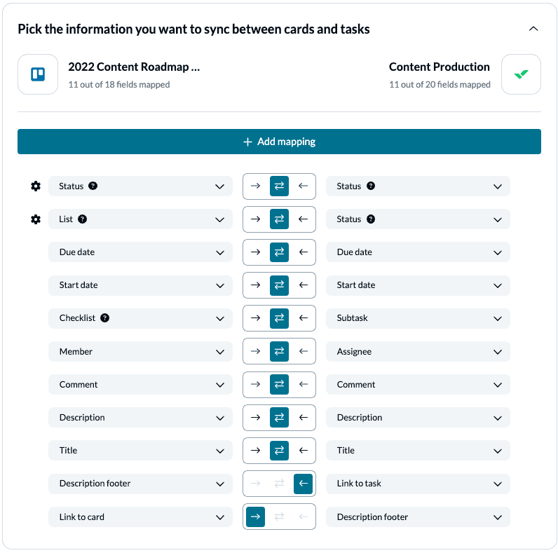 Set up field mappings to sync cards and tasks