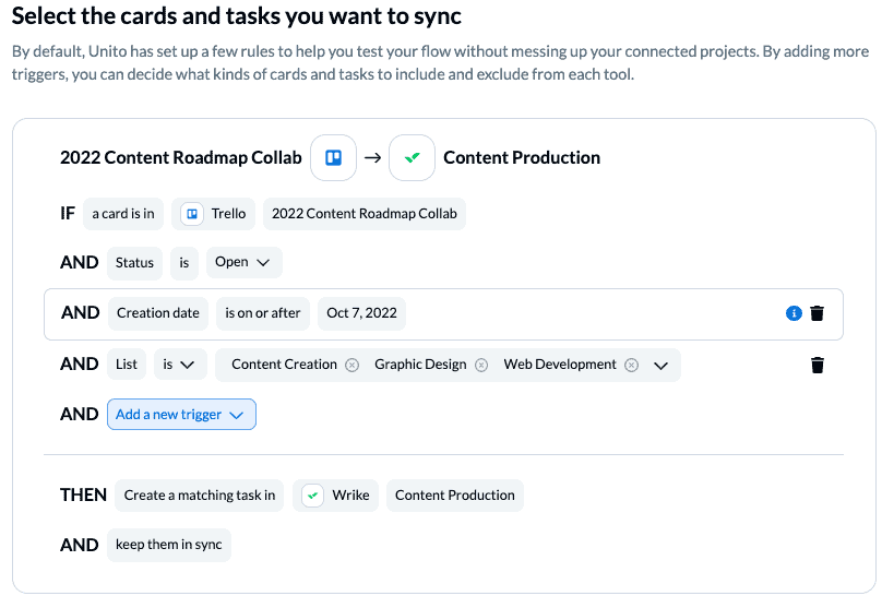 Unito flow Trello Wrike 2-way sync rules and filters