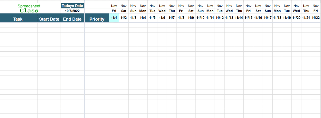 A screenshot of a daily project timeline for Google Sheets.