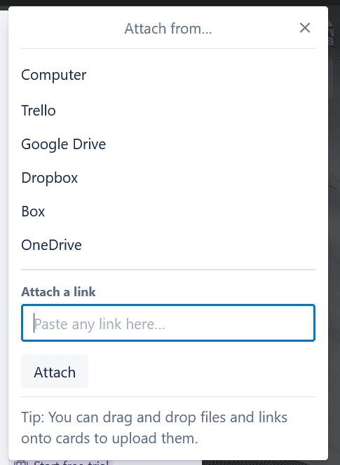 A screenshot of Trello's attachment menu, a way to link Trello cards.