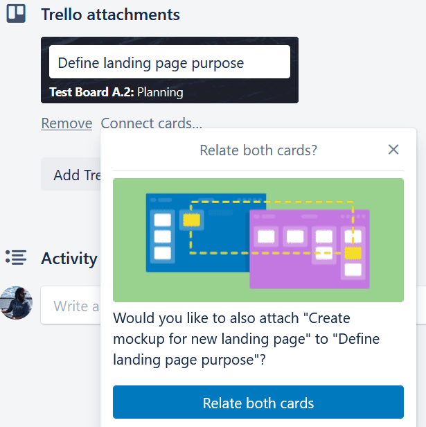 A screenshot of Trello's Relate both cards pop-up, a way to link Trello cards.