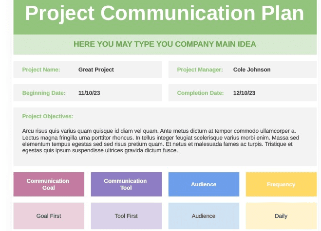 A screenshot of a project communication plan for Google Sheets.