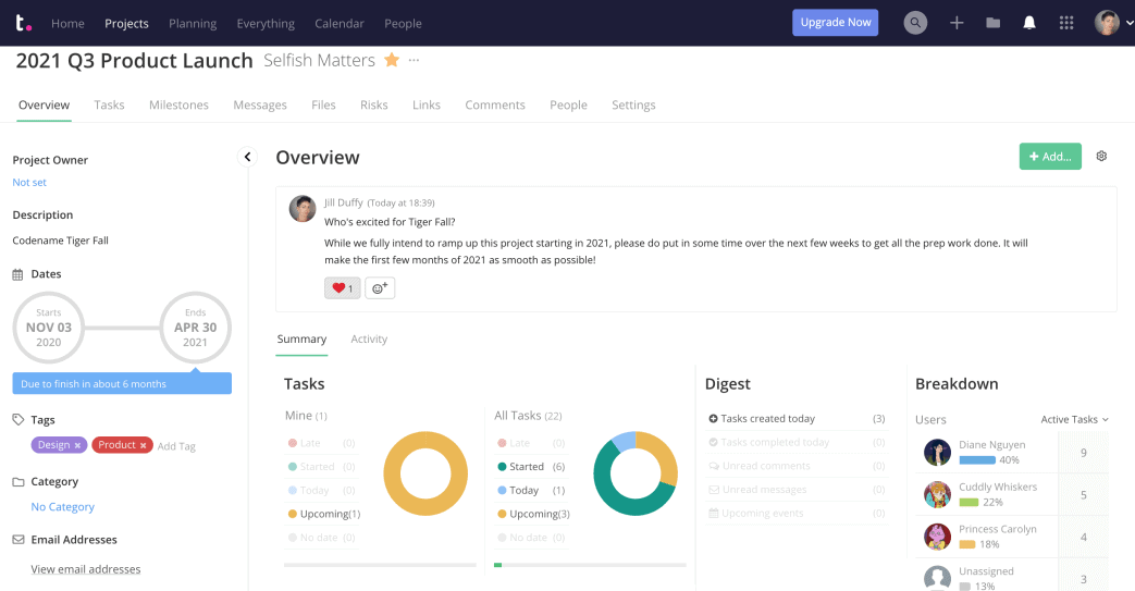 A screenshot of teamwork, a collaboration tool for project management.