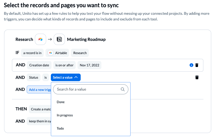 Set rules to filter data between Airtable and Notion