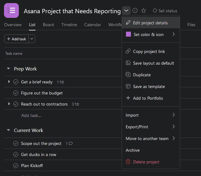 A screenshot of Asana's dropdown menu.