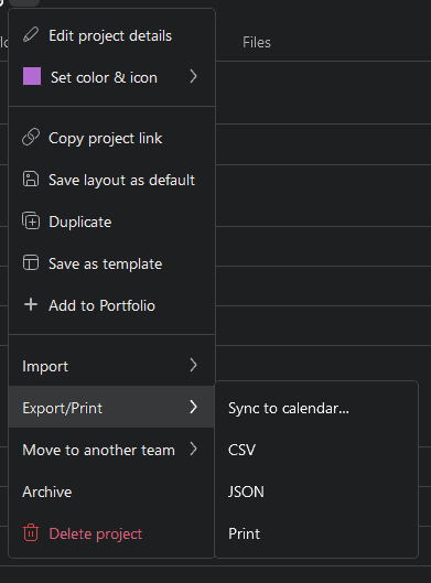 A screenshot of Asana's Export/Print menu.