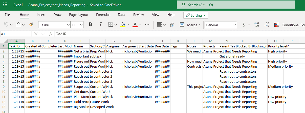 A screenshot of an Asana project exported to Excel.