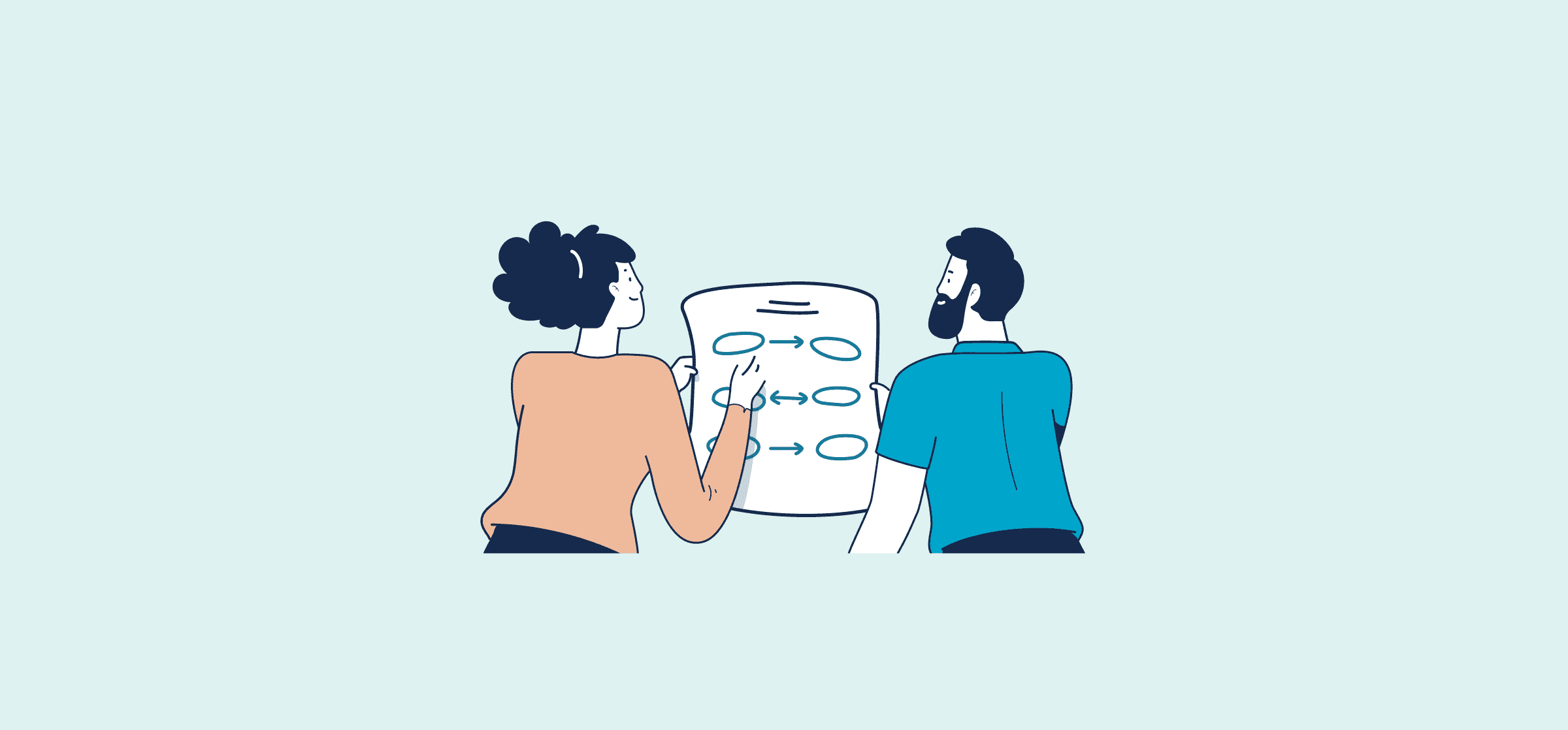 An illustration of two people holding up a diagram, representing product roadmap software.