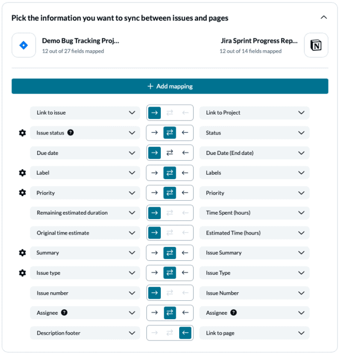 A screenshot of Unito's field mapping screen syncing Jira data to Notion and vice versa