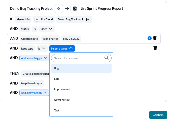 Set conditions to specify which issues to sync from Jira to Notion