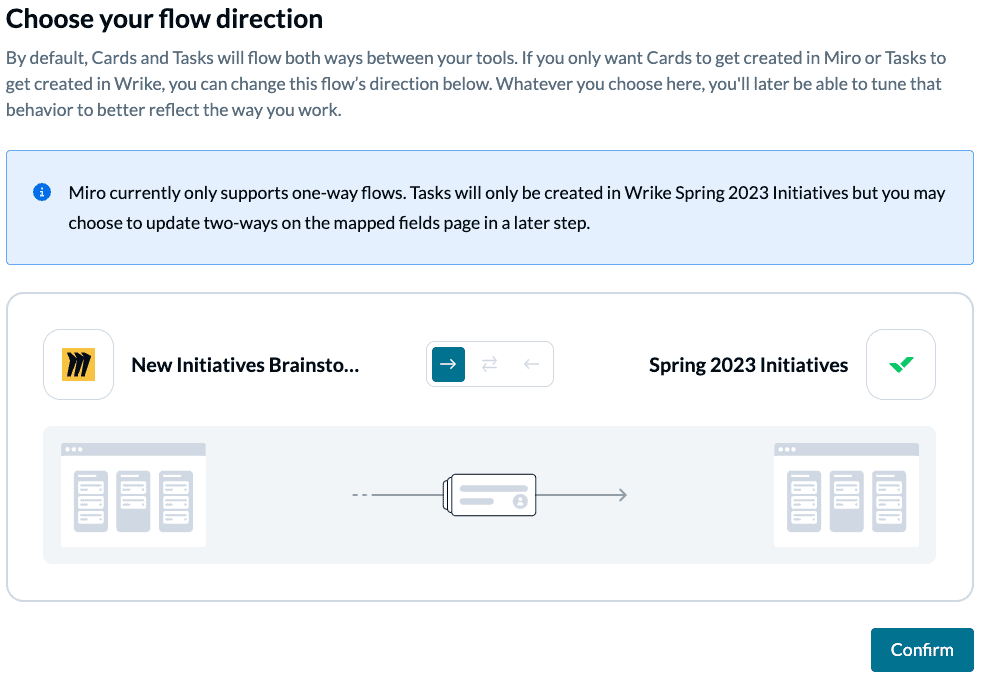 Miro to Wrike Flow Direction with Unito two-way sync