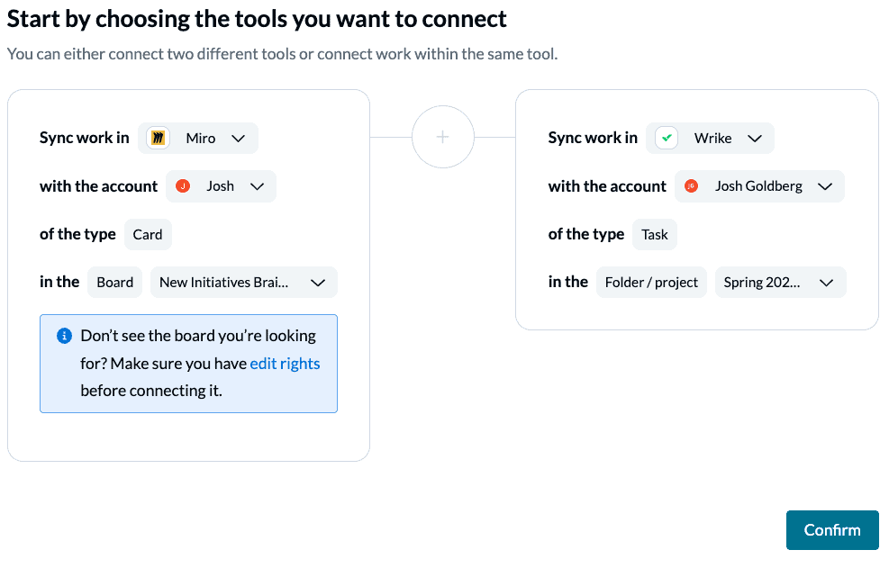 Connect Miro cards to Wrike tasks with Unito two-way sync