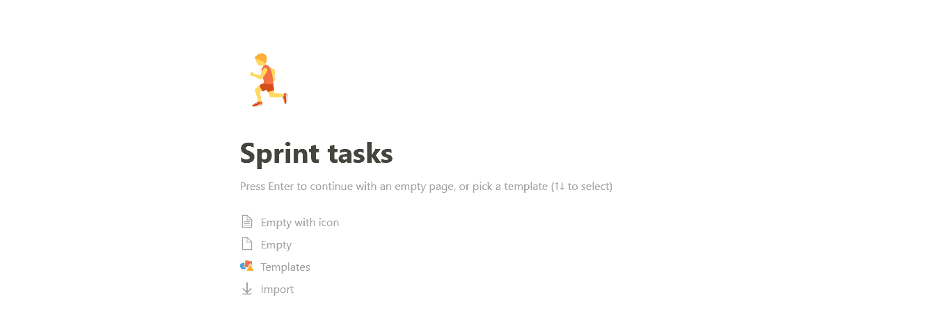 A blank page in Notion with the title of Sprint tasks.
