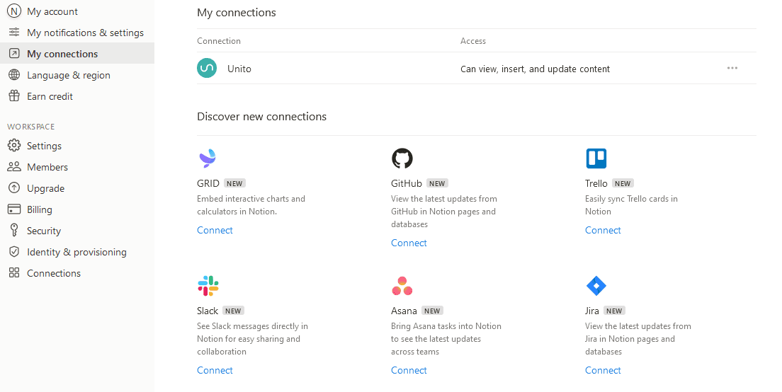 Notion's "My connections" menu.