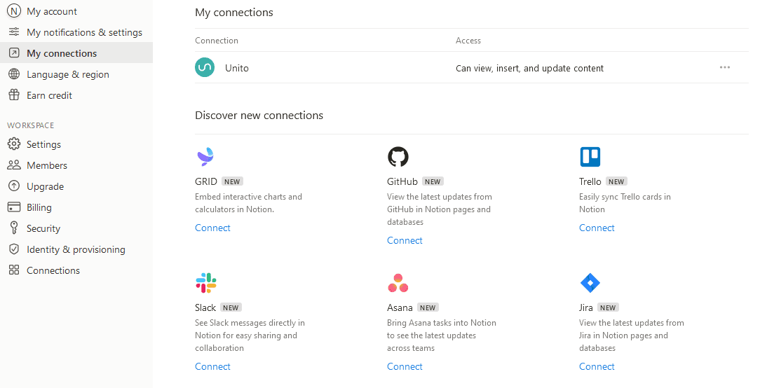 Notion's "My connections" menu, one way to set up a Jira to Notion integration.