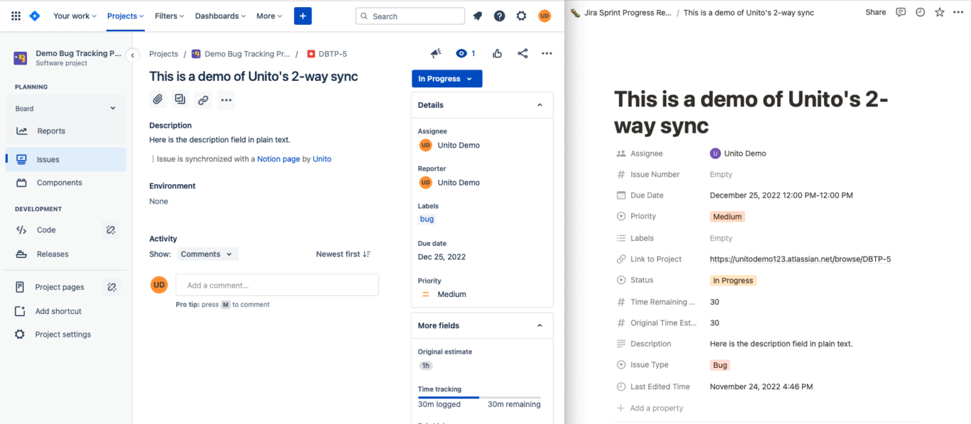 Jira Issue and Notion Page synced with Unito's two-way integration