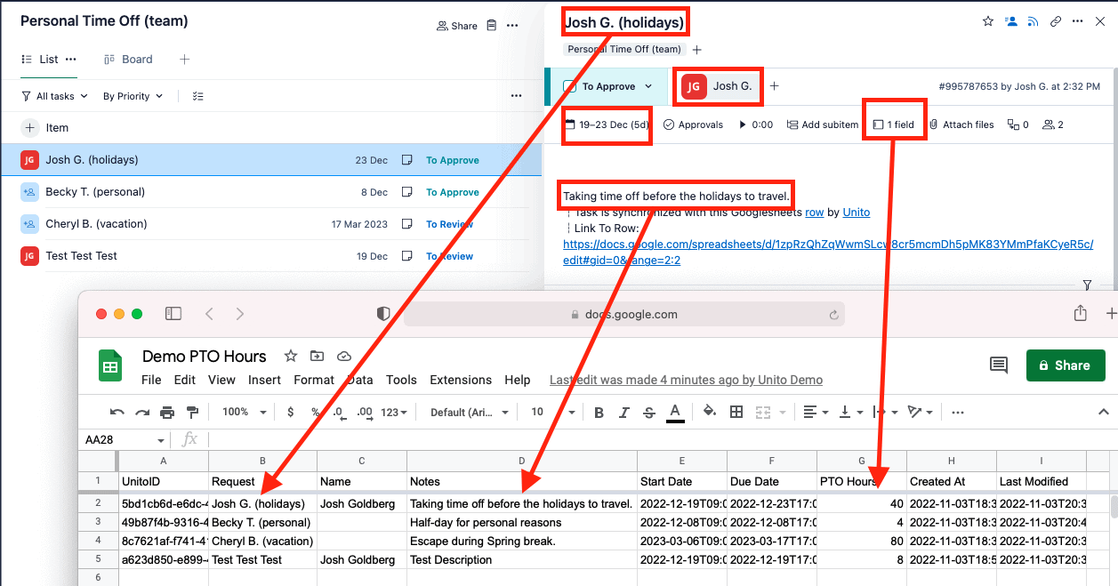 Wrike synced to Google Sheets with Unito 2-Way