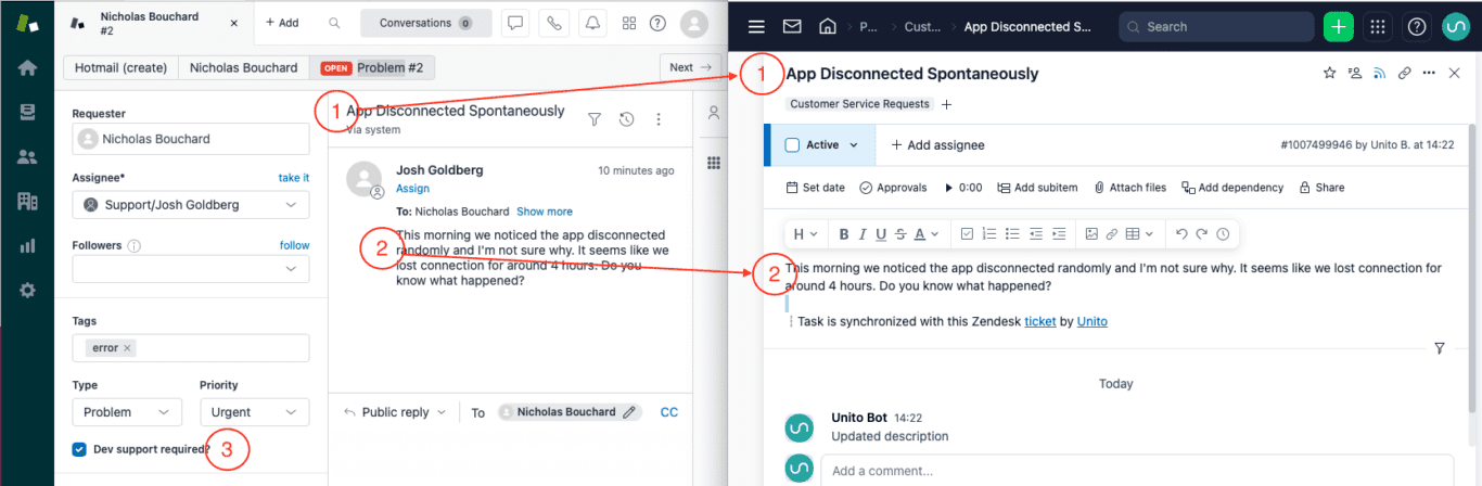 A Wrike task synced to a Zendesk ticket with Unito highlighting the real-time updates between each work item including title, description and custom fields