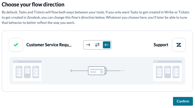 Choose a flow direction between Zendesk and Wrike Unito Two Way Sync