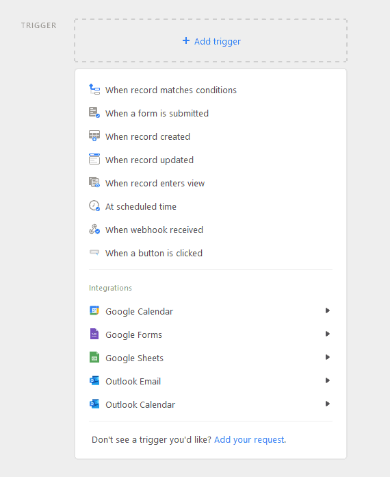 A screenshot of Airtable's add trigger menu.